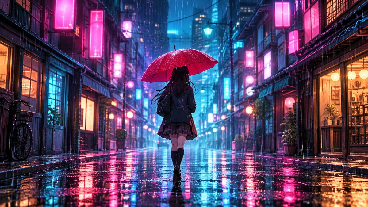 赤い傘をさした少女が雨の夜の商店街を歩く後ろ姿の生成画像